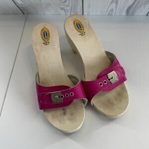 HTF Dr Scholls Leather Pink Women 7 Original Italy Wooden Sandals Shoe
